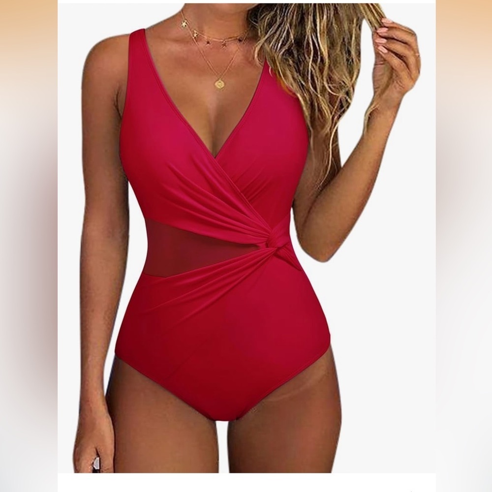 Red One-Piece Twist Tank Swimsuit - Women Swim